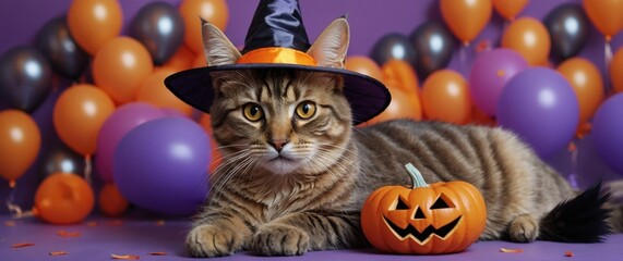Halloween cats, tabby kittens, witch hats, orange balloons, purple background, festive, cute, whimsical, studio portrait, high detail, soft lighting, holiday celebration, feline companions, playful mo