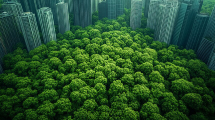 Aerial view of a lush young green forest in vibrant spring or summer symbolizing renewal growth vitality and interconnected chaos of nature viewed from above with dense treetop patterns

