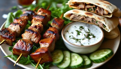Delicious Marinated Pork Souvlaki with Fresh Vegetables and Creamy Dip for Upscale Dinner