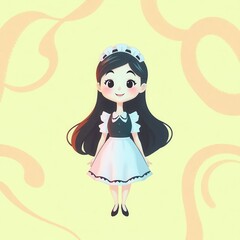 Fototapeta premium Simplistic anime-style maid in a white dress and soft yellow background, ideal for children's books and toys