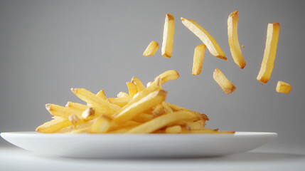 Golden fries scattering onto a serving dish