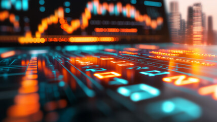 Futuristic stock market display with financial graphs and city skyline.

