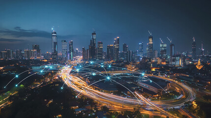 Obraz premium Smart digital Innovation city with connection network reciprocity over the cityscape. of future smart wireless city and social media networking systems that connects business people with in city