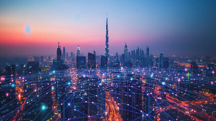 Fototapeta premium Smart digital Innovation city with connection network reciprocity over the cityscape. of future smart wireless city and social media networking systems that connects business people with in city