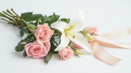 Elegant bouquet of pink roses, white lilies, and lisianthus with a beige ribbon on a white background.
