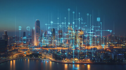 Fototapeta premium Smart digital Innovation city with connection network reciprocity over the cityscape. of future smart wireless city and social media networking systems that connects business people with in city