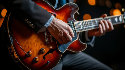 Obraz premium A man happily playing guitar on stage 