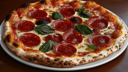 Pizza with salami, mozzarella and basil on a light background
