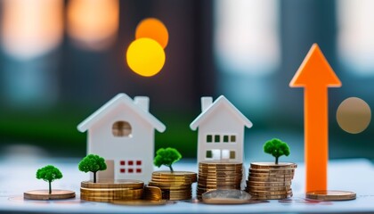 Growth of Real Estate Investment with Miniature Houses and Stacked Coins Representing Finance