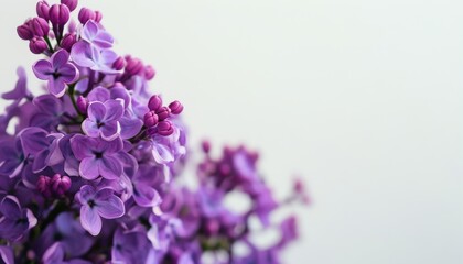Fototapeta premium Lush Purple Flower Arrangement with Delicate Blooms Against a Soft White Background