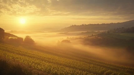 Fototapeta premium Serene Tuscany Landscape at Sunrise with Fog Rolling Over Hills