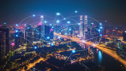 Fototapeta premium Smart digital Innovation city with connection network reciprocity over the cityscape. of future smart wireless city and social media networking systems that connects business people with in city
