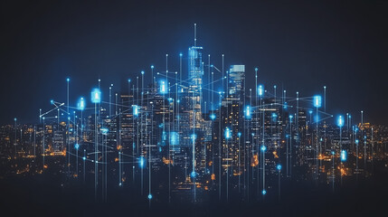 Naklejka premium Smart digital Innovation city with connection network reciprocity over the cityscape. of future smart wireless city and social media networking systems that connects business people with in city