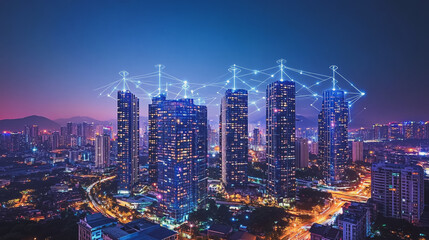 Obraz premium Smart digital Innovation city with connection network reciprocity over the cityscape. of future smart wireless city and social media networking systems that connects business people with in city