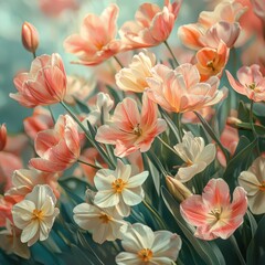 Fototapeta premium [Vibrant multicolored tulip bouquet against a natural backdrop] Vibrant Multicolored Blooms in Natural Setting with Stems & Leaves