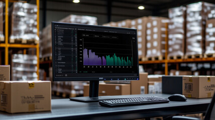 Innovative computerized warehouse management software for real-time parcel delivery monitoring. computer screen
