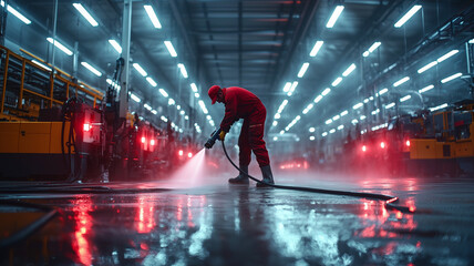 A middle-aged man works in an industrial slaughterhouse. He is cleaning and washing the floor using a pressure water sprayer. A food processing plant and a machine production line with water
