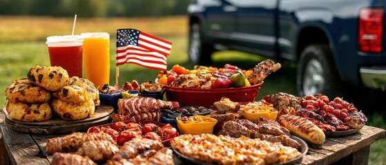 Obraz premium [Tailgate Party team sports party] American Breakfast Picnic Table Setup Outdoor BBQ Event Flag Decorated Food Tray