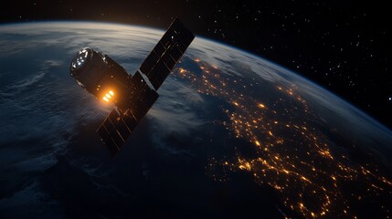Satellite Orbiting Earth at Night, Showing City Lights