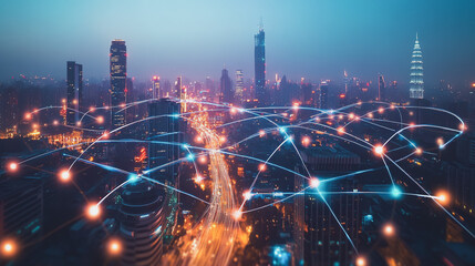Smart digital Innovation city with connection network reciprocity over the cityscape. of future smart wireless city and social media networking systems that connects business people with in city
