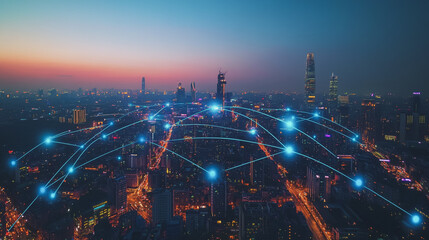 Fototapeta premium Smart digital Innovation city with connection network reciprocity over the cityscape. of future smart wireless city and social media networking systems that connects business people with in city