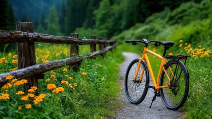 Fototapeta premium [Cycling adventures cycling attractions maintenance] Serene Spring Getaway Yellow Bicycle Against Rustic Wooden Fence Amidst Vibrant Blooms & Towering Mountains