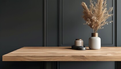 Elegant Real Wood Table Top with Modern Decor and Natural Elements in Upscale Setting