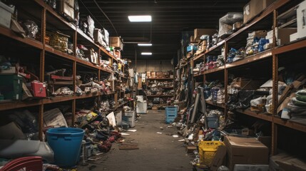 A disorganized stock warehouse full of mismatched items, dim lighting, and a sense of abandonment