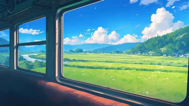 Fototapeta Illustration of a view from a train window on a river and mountains. anime style