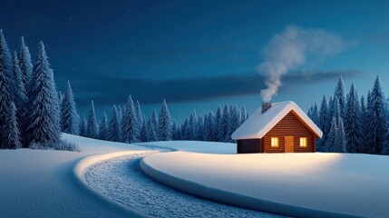 Fototapeta premium [Winter Wanderlust Winter tourism escape] Serene Winter Wonderland Cabin Scene with Twinkling Lights & Festive Footprints Under Starry Sky