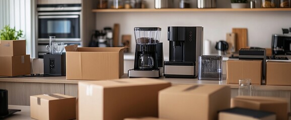 Kitchen scene with unpacked appliances and cardboard boxes.