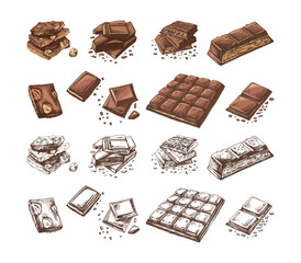 Hand-drawn colored chocolate illustrations set featuring bars and chunks