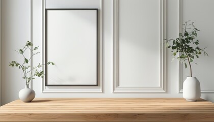 Elegant Real Wood Table Top with Minimalist Decor and White Wall Background in Modern Setting