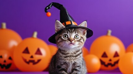 Cat wearing witch hat, Halloween theme, orange balloons, purple background, jack-o'-lantern, tabby cat, festive, spooky, cute animal portrait, studio photography, holiday decoration, playful mood, hig