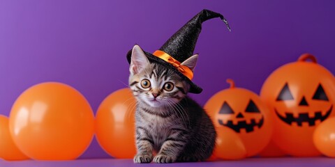 Obraz premium Halloween cat, tabby kitten, witch hat, orange balloons, jack-o-lantern pumpkins, purple background, festive scene, holiday decor, whimsical, cute, spooky, seasonal, studio photography, high detail, v