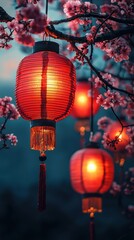 Obraz premium [Chochin Lanterns in Pink Cherry Blossom Scene] Serene Night Scene Pink Cherry Blossoms Under Traditional Japanese Lanterns
