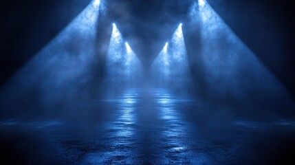 Foggy Empty Street at Night with Wet Asphalt and Illuminated Lights