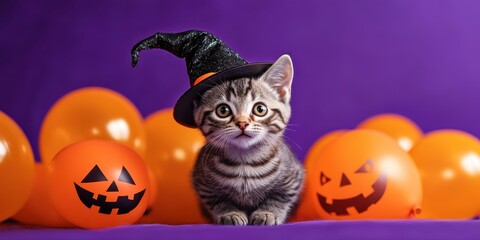 Halloween cat, tabby kitten, witch hat, orange balloons, jack-o-lantern pumpkins, purple background, festive scene, holiday decor, whimsical, cute, spooky, seasonal, studio photography, high detail, v