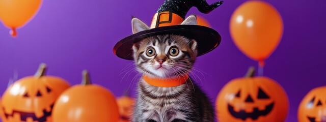 Halloween cat, tabby kitten, witch hat, orange balloons, jack-o-lantern pumpkins, purple background, festive scene, holiday decor, whimsical, cute, spooky, seasonal, studio photography, high detail, v