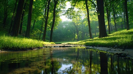 Obraz premium [Relaxing aesthetics serene natureinspired] Secluded Dawn Serenity Forest Pathway with Ferns and Dappled Light.