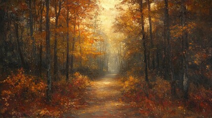 Obraz premium [Autumn forest landscape with dappled sunlight] Autumn Forest Pathway at Dusk Softly Painted Brushstrokes Nature's Harmony