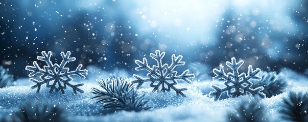A serene winter scene featuring delicate snowflakes gently falling on a snowy landscape, creating a tranquil, magical atmosphere.