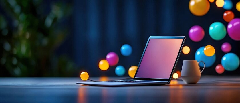 [Virtual gatherings Online communities] Colorful Celebration Over Laptop Workspace Success Achievement Unveiled