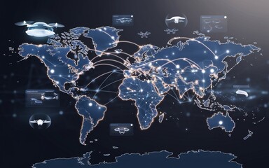 Smart World Global Connectivity, Global drone delivery network visualized on a world map.