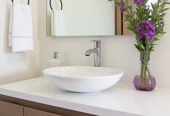 Fototapeta premium Elegant Modern Bathroom Design with Ceramic Vanity Sink, Stylish Faucet, and Purple Floral Arrangement for a Fresh Look 