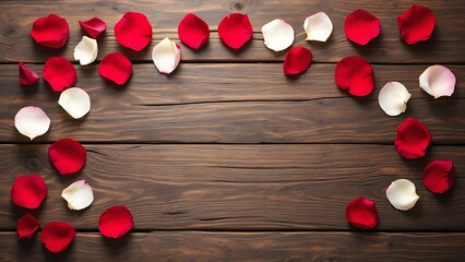 Obraz premium Rose flower leaves on wooden background flatlay