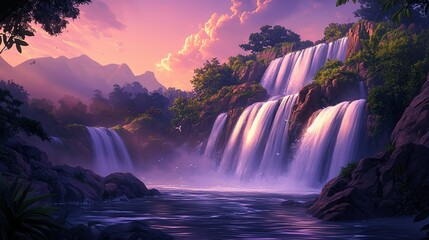 Group at Sunrise by Waterfall Under a Pink Sky