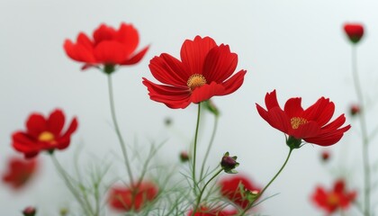 Fototapeta premium Vibrant Red Cosmos Flowers with Soft Background for Stunning Nature Photography