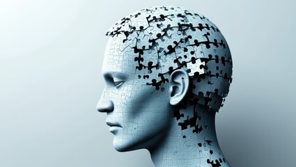 Obraz premium Surreal profile portrait, human head made of intricate puzzle pieces, monochromatic blue tones, fragmenting mind concept, digital art, hyperrealistic render, thought visualization, cognitive psycholog