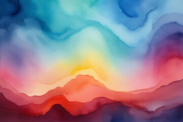 painting of a colorful mountain scene with a rainbow colored sky